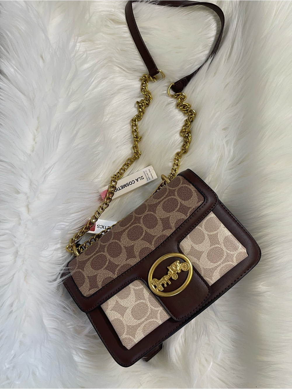 Inspired Coach Brown Canvas and Dark Brown Leather Shoulder Bag with Gold Chain